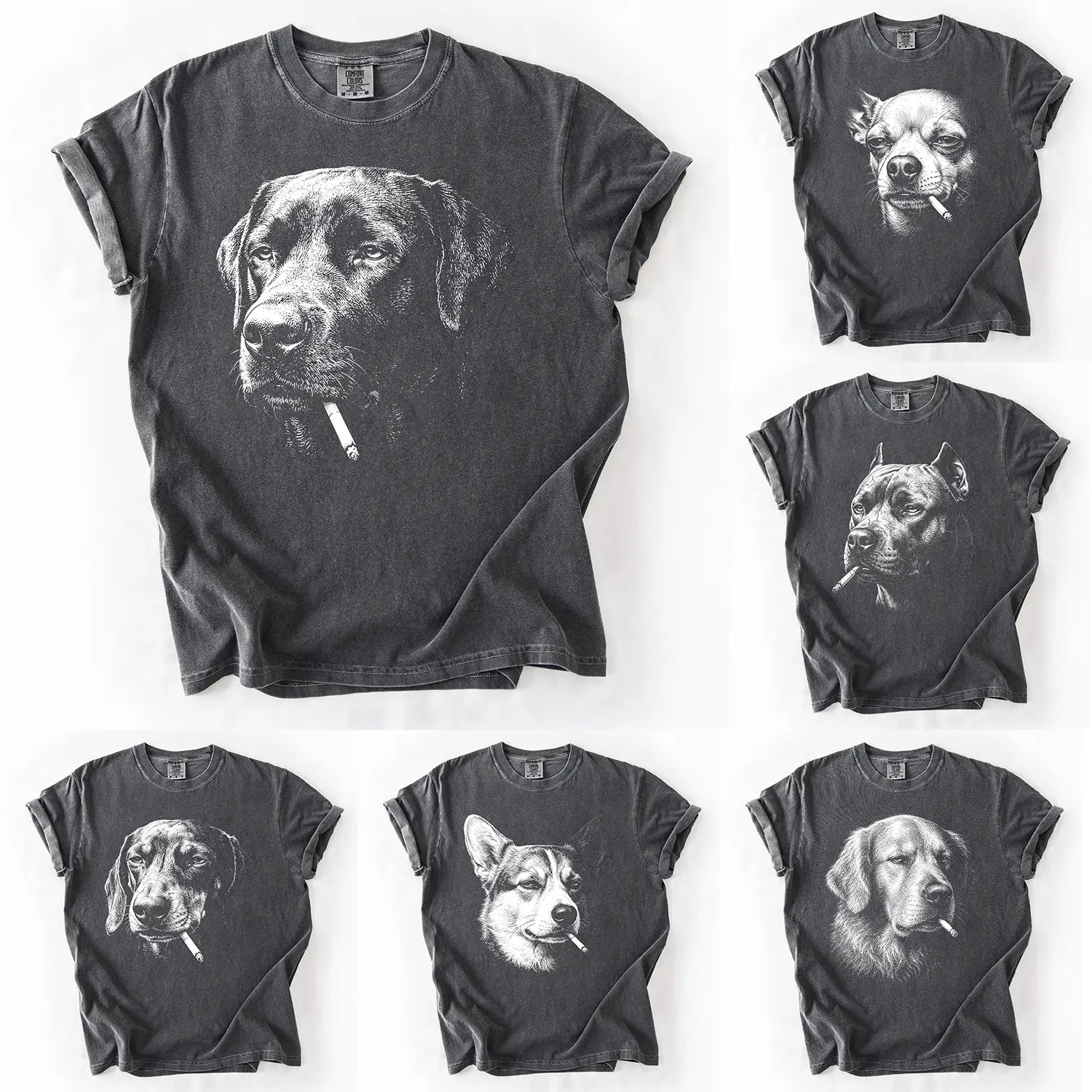 Comfort Colors Funny Vintage Smoking Dog Shirt, Retro Dog Lover Comfort Colors Tee Featuring Multiple Popular Breeds, Cool Canine Graphic T-Shirt, Unisex Pet Lover Gift, Funny Puppy Portrait Shirt for Dog Moms and Dog Dads, Trendy Animal Lover Apparel